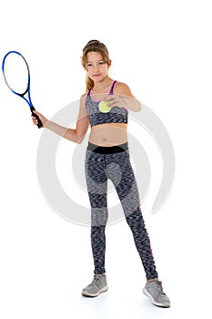Teenage girl tennis player isolaated