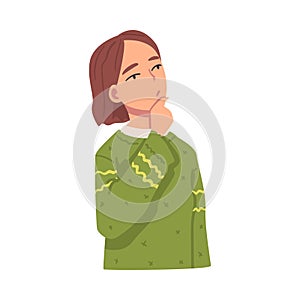 Teenage Girl Thinking or Solving Problem, Portrait of Thoughtful Person Cartoon Vector Illustration