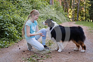 teenage girl train australian shepherd dog in summer. in forest