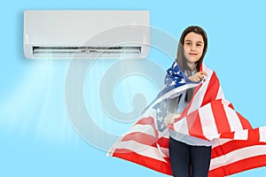 teenage girl with the USA flag under the air conditioner