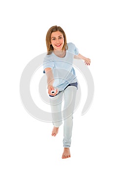 Teenage girl using wii photo