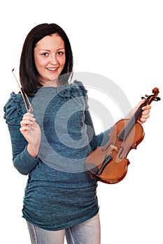 Teenage girl with violin on white