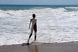 Teenage girl walking alone along the empty seashore on the sunny day, rear view