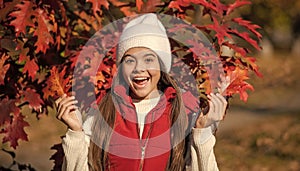 teenage girl wear autumn season clothes. Autumn paints nature in warm hues. school girl in september. amazed teen girl