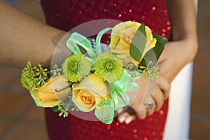 Teenage girl wearing corsage close-up of flowers