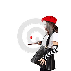 Teenage girls in the image of mimes with makeup on their faces, isolate on a white background