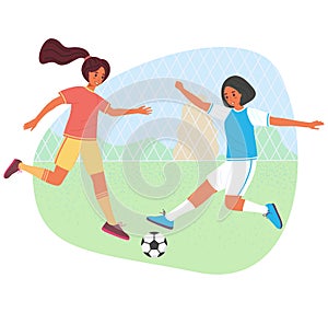 Teenage girls playing soccer with a ball, vector stock illustration. Young players in sportswear flat cartoon character