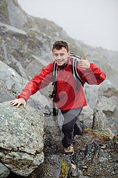 Teenage hiker on mountain