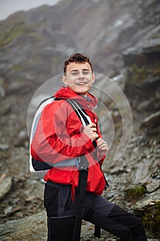 Teenage hiker on mountain