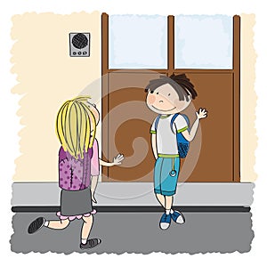 Teenage love. Young schoolboy meeting his schoolmate, blonde girl, in front of the school building. They are waving, greeting photo