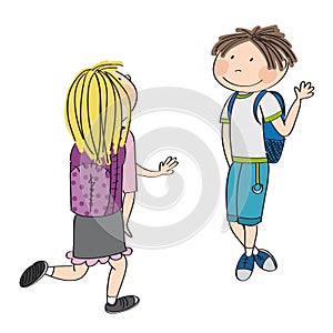 Teenage love. Young schoolboy meeting his schoolmate, blonde girl