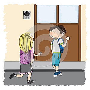 Teenage love. Young schoolboy meeting his schoolmate, blonde girl, in front of the school building. They are waving, greeting