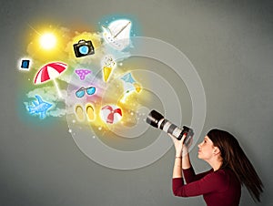 Teenage photographer making photos of holiday painted icons