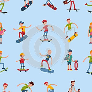 Teenage skateboarding seamless pattern happy teens guy wearing helmet capturing moves urban fun lifestyle vector