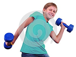 Teenage sportive boy is doing exercises. Sporty childhood. Teenager exercising and posing with weights. Isolated over white