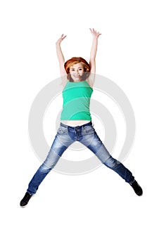 Teenage student jumping.