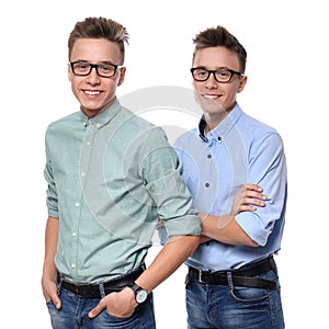 Teenage twin brothers with glasses
