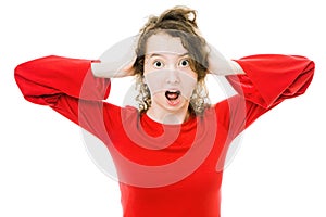 Teenaged girl in red dress suffer stress