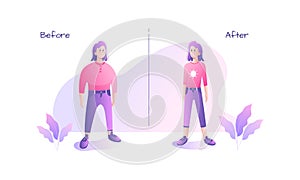 Teenaged girl before and after weight loss comparison isolated character. Getting over the obesity by slimming down