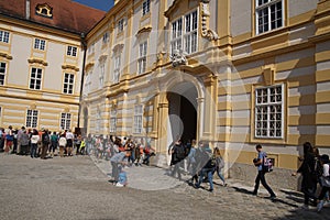 Teenaged students leave the abbey school