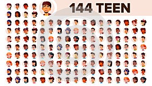 Teenager Avatar Set Vector. Multi Racial. Face Emotions. Multinational User People Portrait. Male, Female. Ethnic. Icon