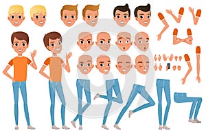 Teenager boy character constructor. Set of various male emotion faces, hairstyles, hands, gestures and legs. Flat design