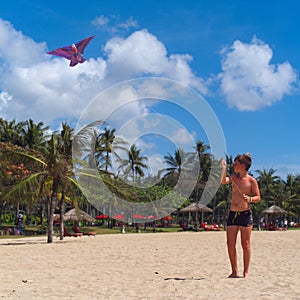 Teenager boy flying a kite on tropical beach