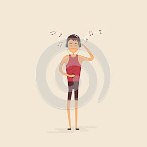 Teenager boy with headphones & mobile phone listening to music.Smiling boy cartoon character with closed eyes in headphones stand