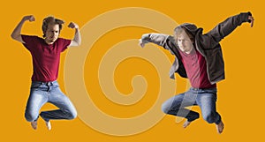Teenager boy jumping dance movement on a colored yellow background