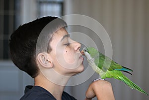 Teenager boy is playing with his green quaker parrot photo