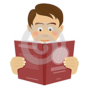 Teenager boy reading interesting book over white background