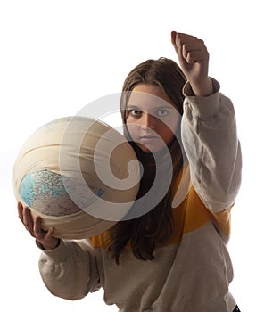 Teenager caucasian girl holding ill planet - Earth globe in bandage . Climate change