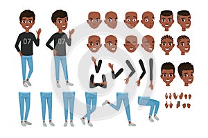 Teenager character constructor. Black boy s separate parts of body, different face expressions and haircuts. Isolated