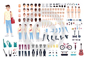 Teenager character constructor. Boy creation set. Different postures, hairstyle, face, legs, hands, clothes, accessories