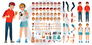 Teenager character constructor. Teenage boy, young girl character creation bundle and teenagers couple cartoon vector