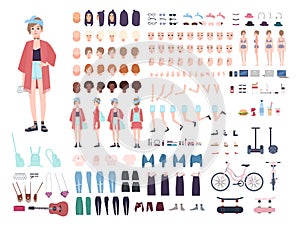 Teenager character constructor. Young trendy girl creation set. Different postures, hairstyle, face, legs, hands