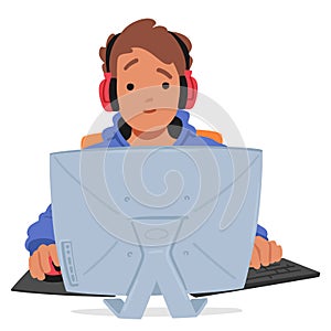 Teenager Character In A Headset Navigates Computer, Embodying Web Safety Through Secure Browsing Practices