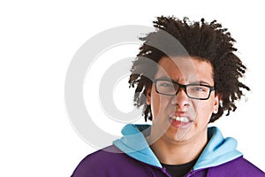 Teenager with crazy hair isolated