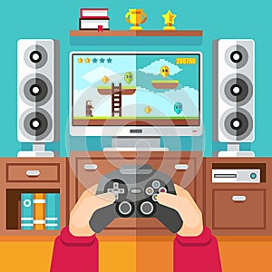 Teenager gaming video game with gamepad and playstation vector illustration