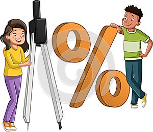 Teenager girl with big compass and black boy with big percentage symbol.