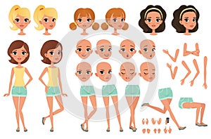 Teenager girl character creation set with various views, poses, face emotions, hands gestures and haircuts. Female