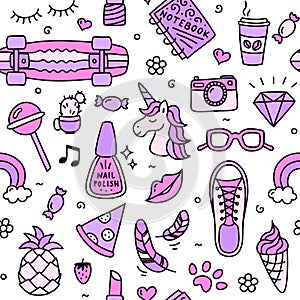 Teenager girl favorite cool things pink seamless pattern doodle