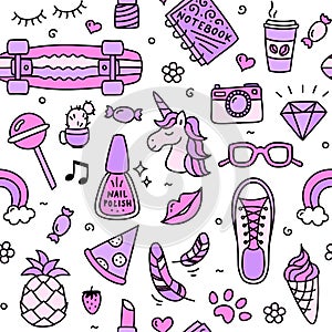 Teenager girl favorite cool things pink seamless pattern doodle photo