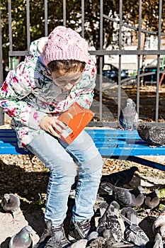 Teenager girl feeding pigeons in the park. The girl sits on a bench and feeds the birds with seeds. Autumn sunny day