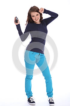 Teenager girl has fun dancing to music MP3 player