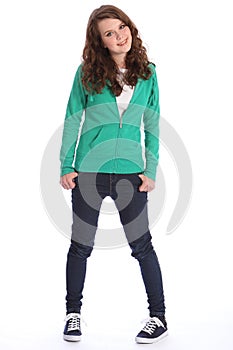 Teenager girl in jeans and hoodie with big smile