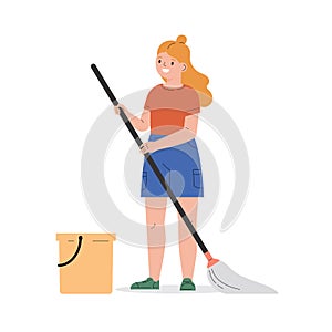 Teenager girl with a mop and a bucket.
