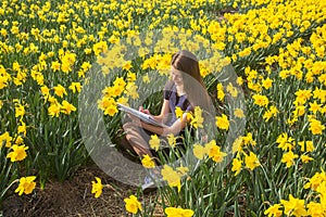 Teenager girl paints flowers, sitting in blooming field.