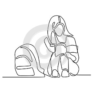 teenager girl reading book continuous one line vector illustration minimalist concept education theme