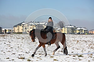 Teenager girl riding bay horse in winter